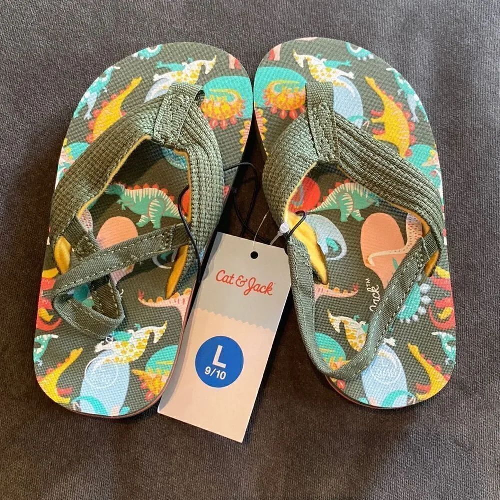 Kids Little Boy Dinosaur Flip Flops Green Size L (9/10)